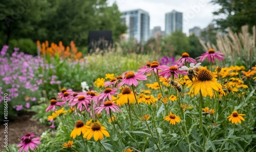 Urban garden buzzing with activity as bees pollinate flowers amidst the city , the growing trend of beekeeping in urban environments, Generative AI photo