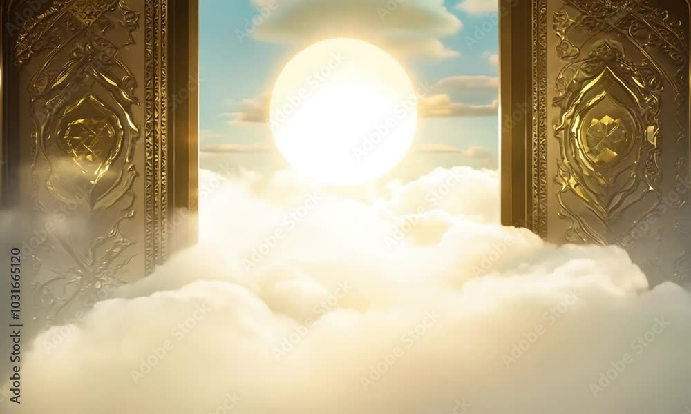 Ornate golden double doors open to reveal a bright, white light.