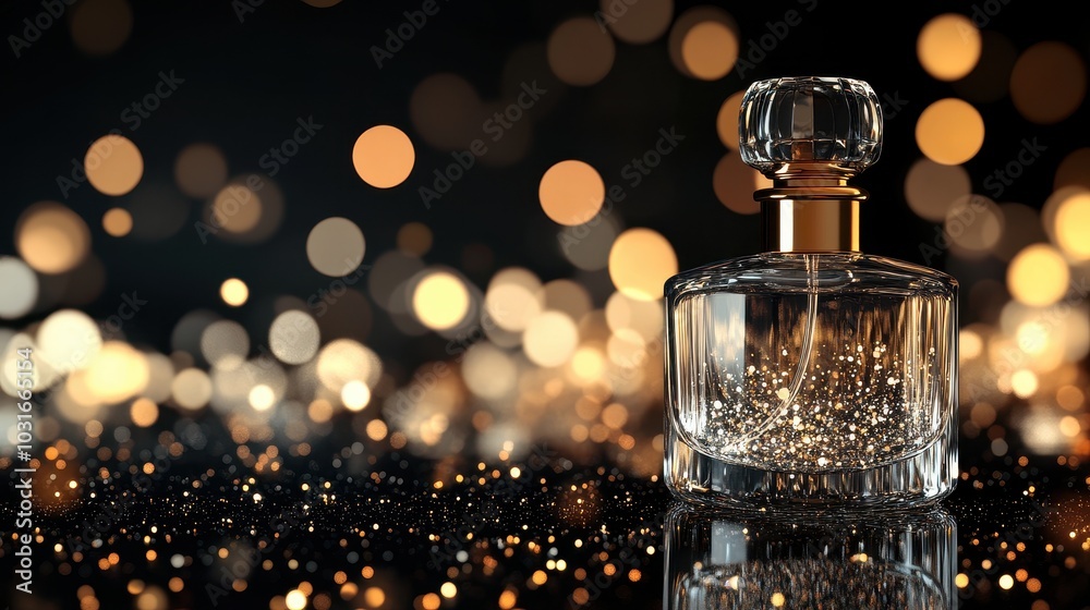 Elegant Glass Perfume Bottle with Sparkling Background Elegant Glass Perfume Bottle with Sparkling Background