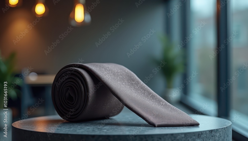 Mockup of a luxurious silk tie neatly placed on a podium on a corporate office background. Mockup of a luxurious silk tie neatly placed on a podium on a corporate office background.