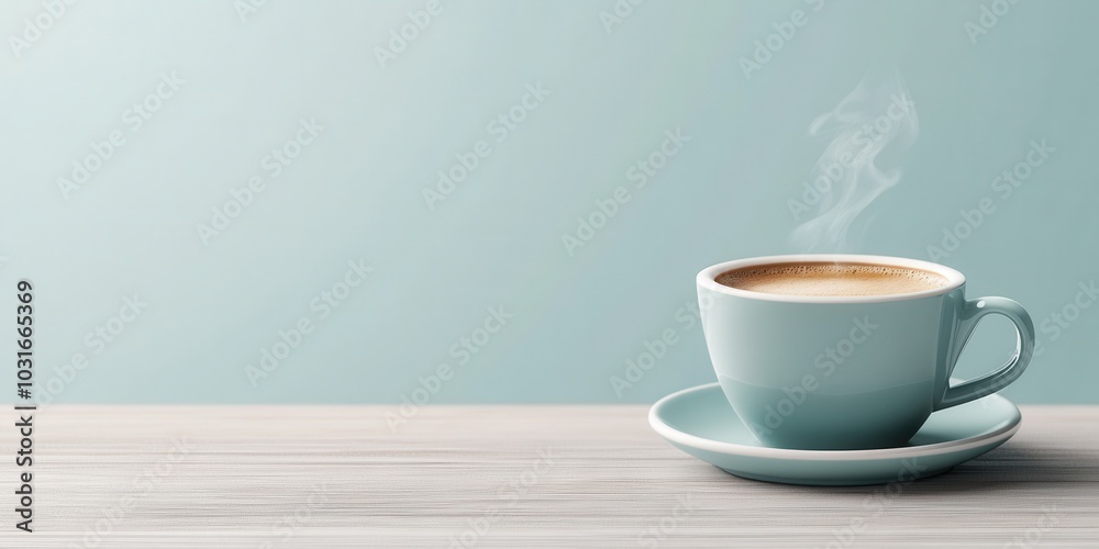Obraz premium Steaming cup of coffee on wooden surface against soft blue background
