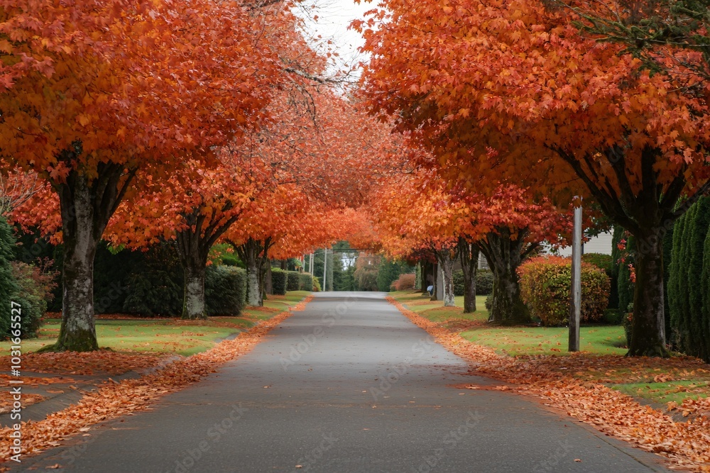 Vibrant Fall Avenue with Lush Colorful Trees Vibrant Fall Avenue with Lush Colorful Trees