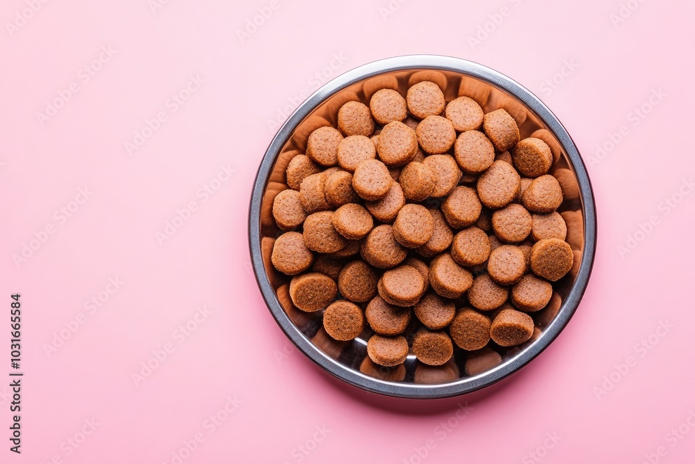 Dog food in a bowl. A bowl full of kibble on a pink background, perfect for showcasing pet food products. Dog food in a bowl. A bowl full of kibble on a pink background, perfect for showcasing pet food products.