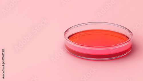 Petri dish with red liquid on a pink isolated background.