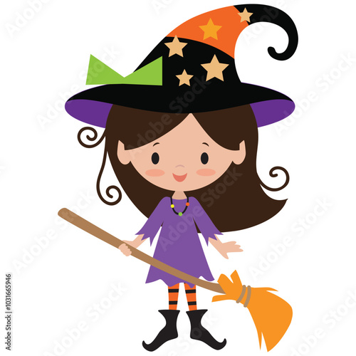 Cute little witch girl  vector cartoon illustration