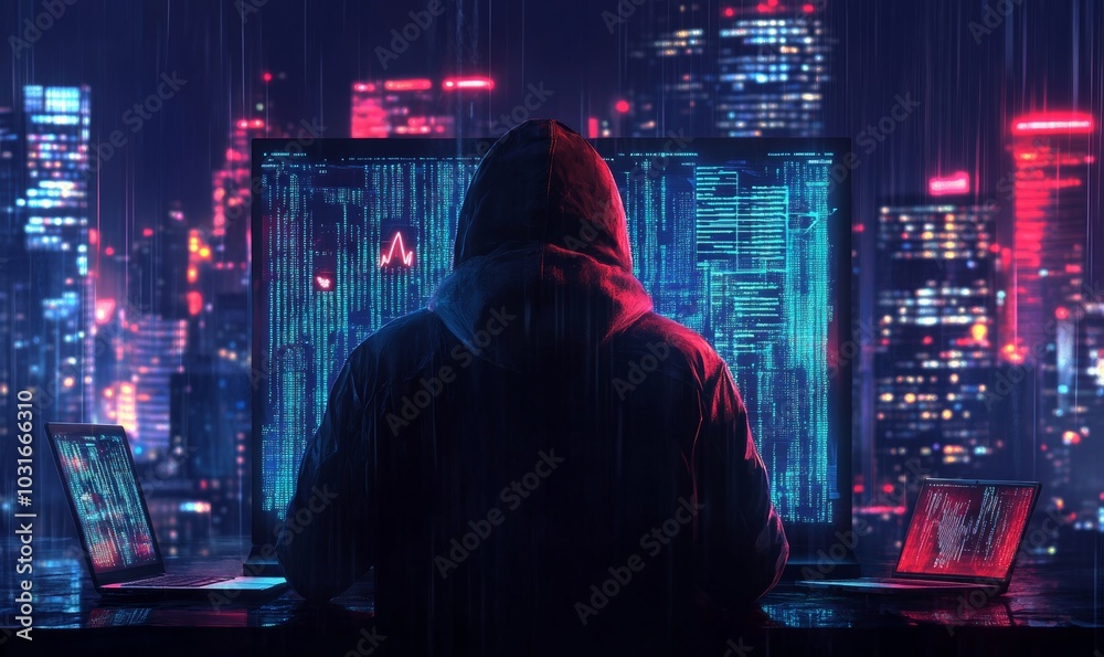 Hacker hacking with laptop and data screen background, Generative AI Hacker hacking with laptop and data screen background, Generative AI
