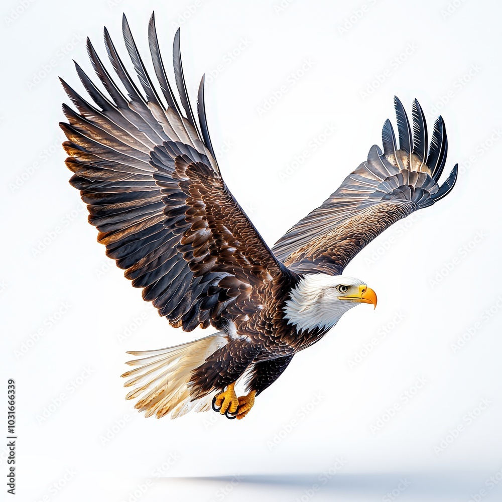 Fototapeta premium Majestic Bald Eagle Soaring with Wings Spread Against White Background