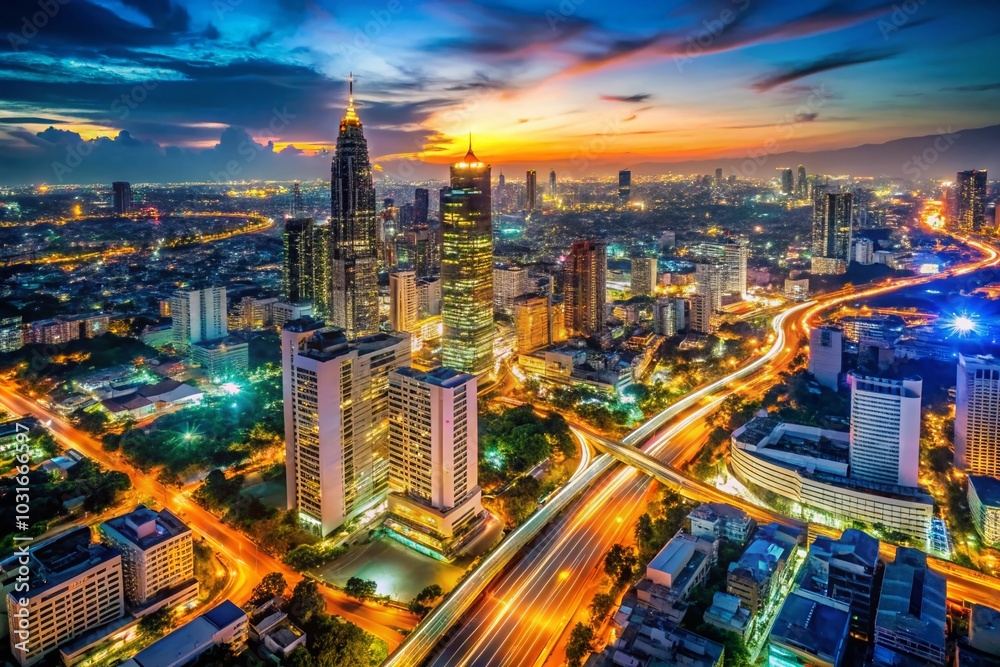 Fototapeta premium Stunning Tilt-Shift Night Cityscape of Bangkok from BAIYOKE Sky with Long Exposure and HDR Effects