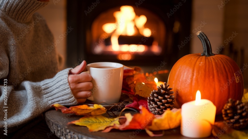 Cozy Autumn Evening by the Fireplace with Hot Drink and Seasonal Decorations. Cozy Autumn Evening by the Fireplace with Hot Drink and Seasonal Decorations.