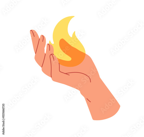 Hand holding fire flame, energy symbol. Heat, warmth, power. Magic fireball burning on palm, in fingers. Supernatural and mysterious concept. Flat vector illustration isolated on white background