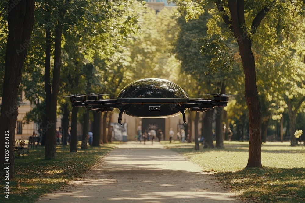 A drone hovers over a tree-lined pathway. The drone is a futuristic design that could represent a delivery service. A drone hovers over a tree-lined pathway. The drone is a futuristic design that could represent a delivery service.