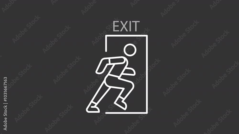 Exit room white line animation. Emergency escape animated icon. Running person, blinking label. Evacuation, safety. Isolated illustration on dark background. Transition alpha video. Motion graphic