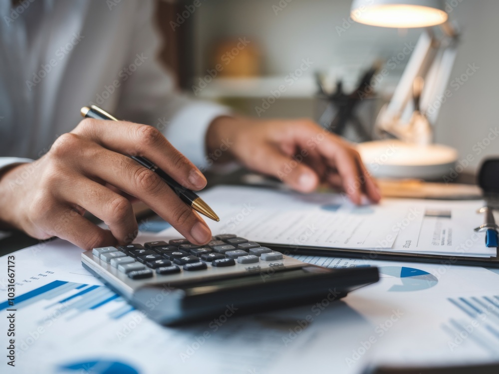 Closeup of hand holding pen and pressing calculator while analyzing financial reports. Closeup of hand holding pen and pressing calculator while analyzing financial reports.