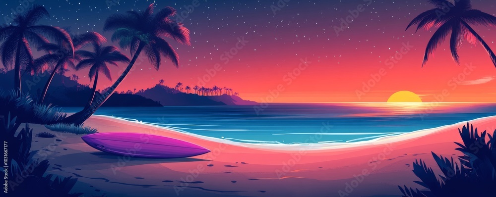 A beach scene with pink surfboard, small island far away, designed for cute minimal presentations. Intense night backdrop, urban glow A beach scene with pink surfboard, small island far away, designed for cute minimal presentations. Intense night backdrop, urban glow