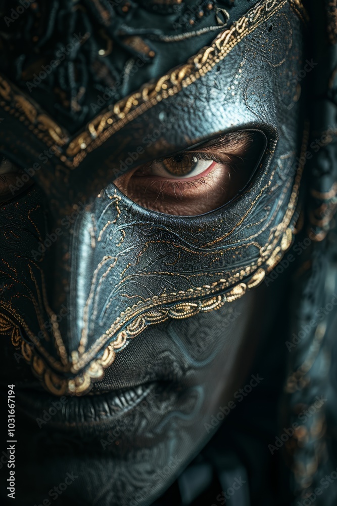 close-up of face wearing ornate, black and gold Venetian mask. mask covers half of face, revealing one intense eye staring forward. intricate details and craftsmanship of mask suggest theme of mystery close-up of face wearing ornate, black and gold Venetian mask. mask covers half of face, revealing one intense eye staring forward. intricate details and craftsmanship of mask suggest theme of mystery