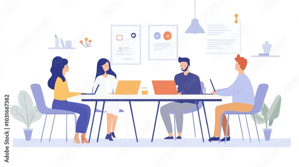 A group of professionals collaborating in a modern office setting with laptops. A group of professionals collaborating in a modern office setting with laptops.