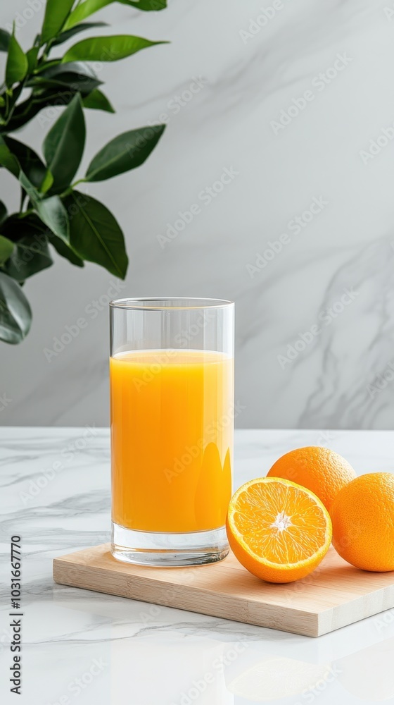 Fresh orange juice on marble counter with oranges and green plant Fresh orange juice on marble counter with oranges and green plant