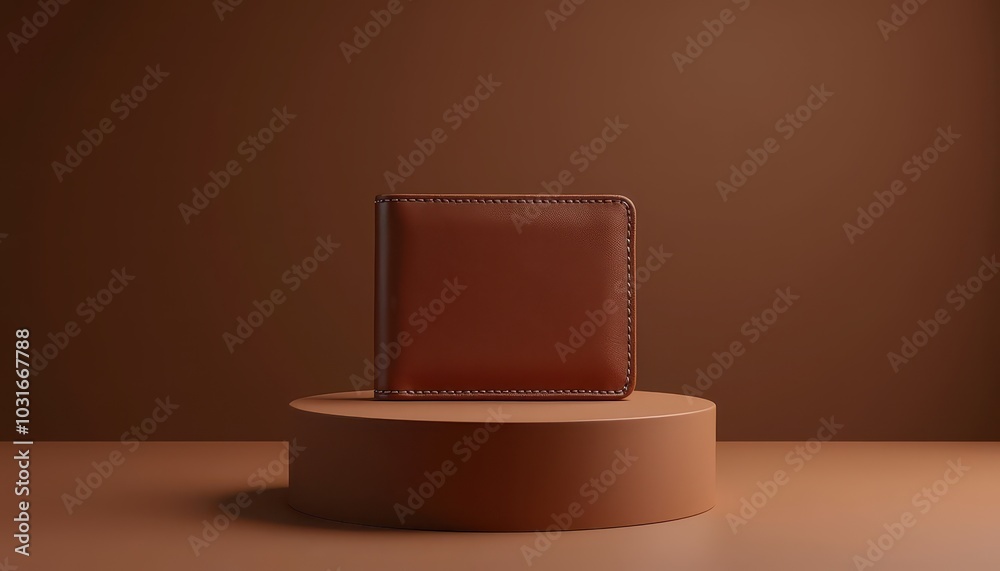 Mockup of a stylish leather wallet neatly placed on a podium on a rich brown background. Mockup of a stylish leather wallet neatly placed on a podium on a rich brown background.