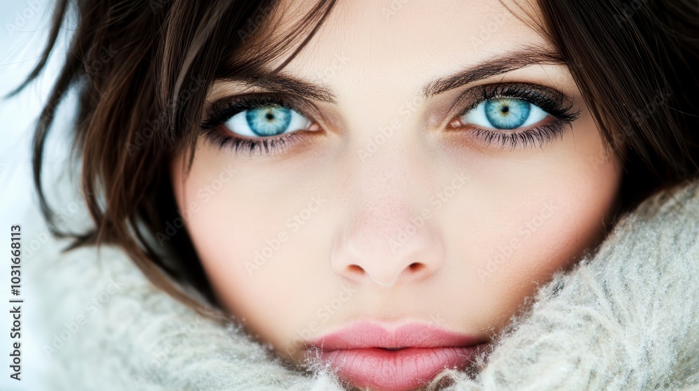blue eyes peek from beneath a scarf, a sweater encircles her neck blue eyes peek from beneath a scarf, a sweater encircles her neck