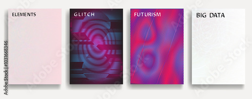 Glitch distorted geometric template brochures . Modern art design . Noise destroyed glitched flyer . Trendy brochure with vector lines . Glitched flyer. Hologram effects . set of vector templates