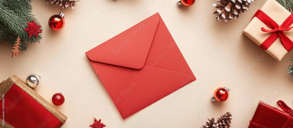 Red Christmas Envelope with Festive Decorations
