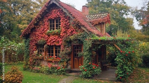 A quaint cottage is enveloped in colorful ivy and blooming flowers, creating a picturesque autumn landscape. The lush garden and peaceful surroundings enhance the tranquil atmosphere of the scene.