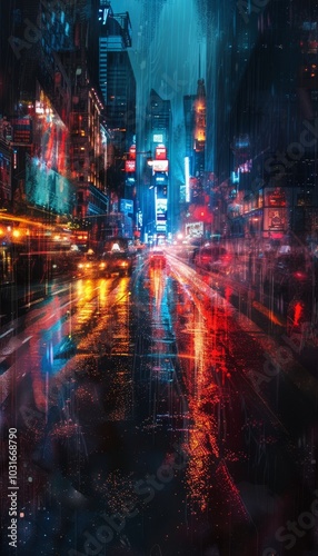 Mysterious night cityscape with wet asphalt, neon reflections, and a piercing searchlight