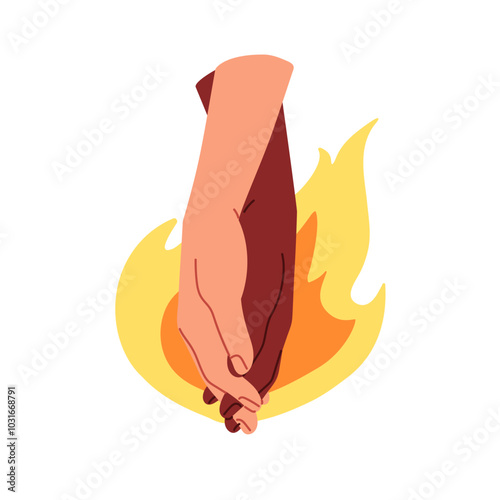 Holding hands and fire. Love, passion symbol. Bonding romantic relationship, affection concept. Affectionate passionate couple, hot energy. Flat vector illustration isolated on white background