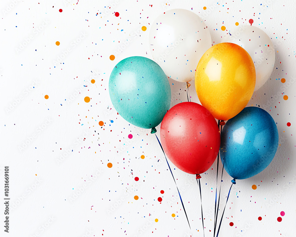 Colorful balloons against a white background with confetti, perfect for celebrations and festive occasions.
