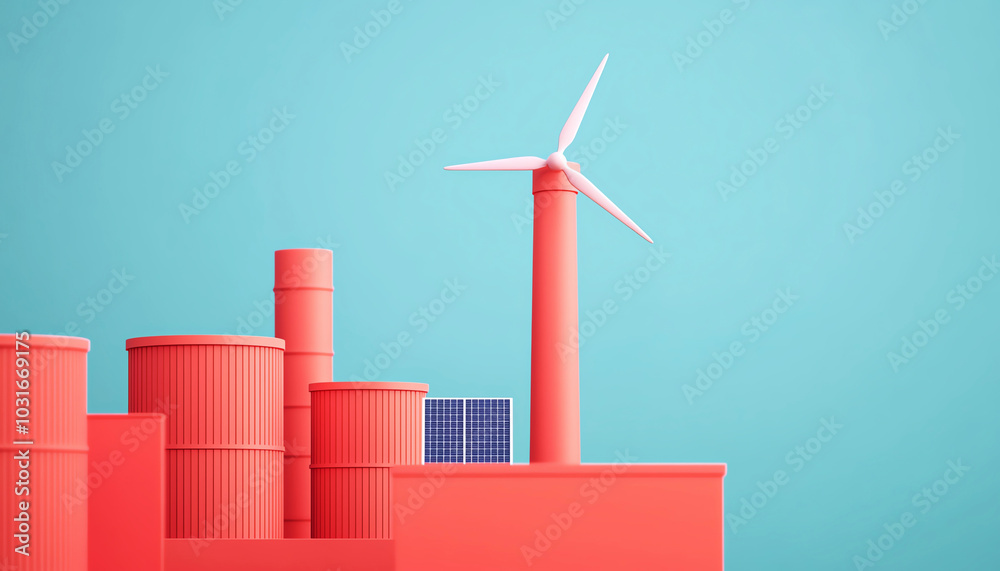 Fototapeta premium Colorful industrial scene featuring wind turbine and solar panel against a bright backdrop.