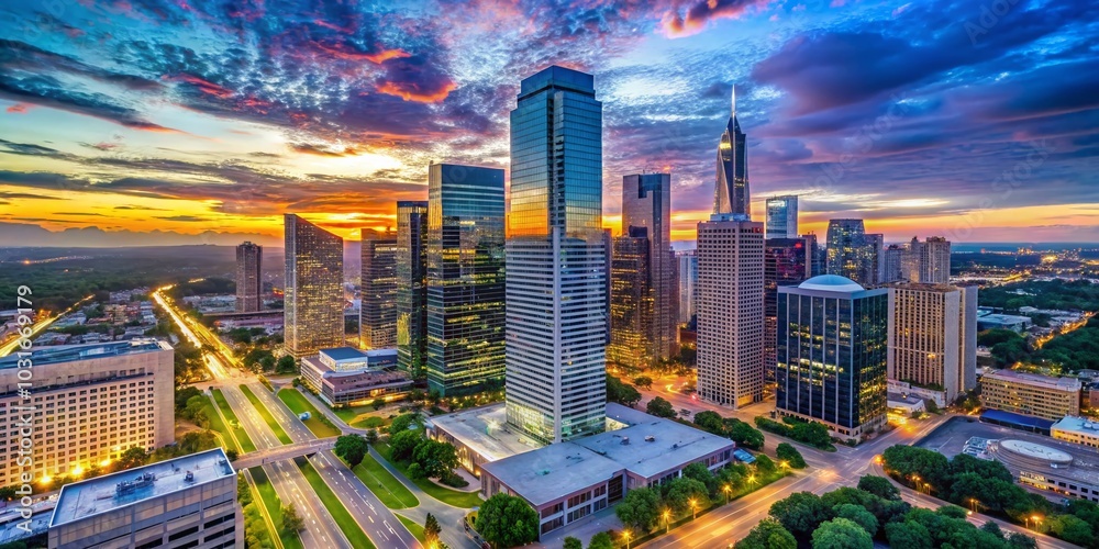 Stunning View of Williams Tower in Houston's Galleria Area Showcasing Modern Architecture and City Skyline at Dusk