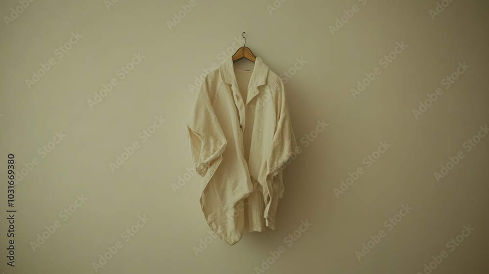 A White Cotton Shirt Hanging on a Wooden Hanger Against a Wall A White Cotton Shirt Hanging on a Wooden Hanger Against a Wall