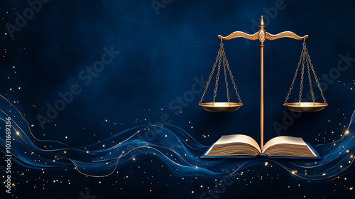 Symbolic representation of justice with scales over an open book on a deep blue background.