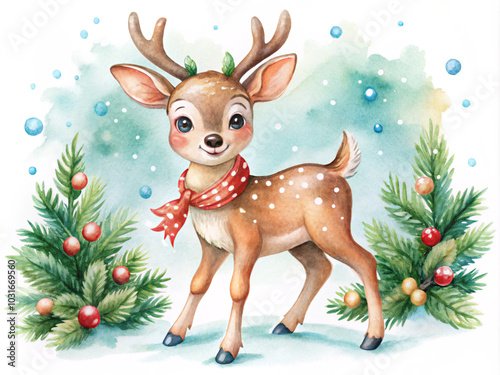 christmas, reindeer, deer, cartoon, winter, animal, santa, holiday, vector, snow, tree, xmas, rudolph, illustration, card, merry, cute, celebration, season, happy, december, gift, hat, santa claus, ye