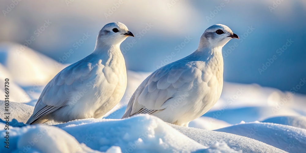 Stunning Winter Camouflage of Two Whitetailed Ptarmigan in Snowy Landscape for Wildlife Photography Stunning Winter Camouflage of Two Whitetailed Ptarmigan in Snowy Landscape for Wildlife Photography
