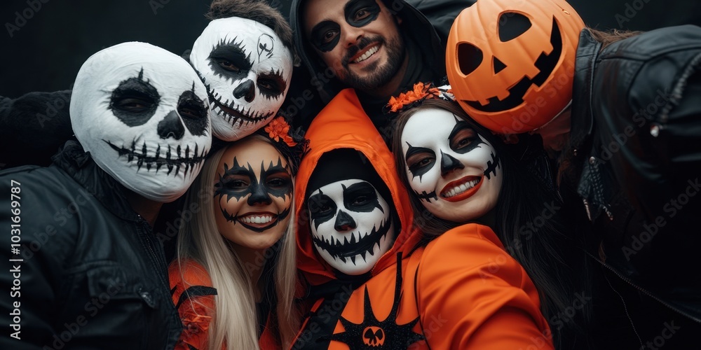 Group in halloween costumes and face paint celebrating together at night Group in halloween costumes and face paint celebrating together at night