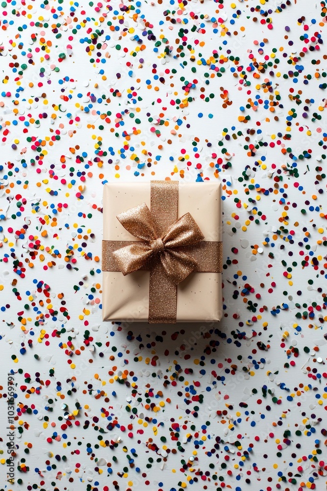 A top-down view of a neatly wrapped gift box with a bow, surrounded by colorful confetti on a white surface. A top-down view of a neatly wrapped gift box with a bow, surrounded by colorful confetti on a white surface.