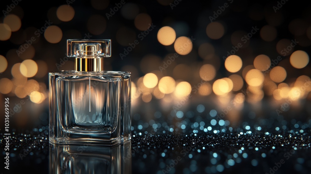 Elegant Glass Perfume Bottle with Bokeh Background Elegant Glass Perfume Bottle with Bokeh Background