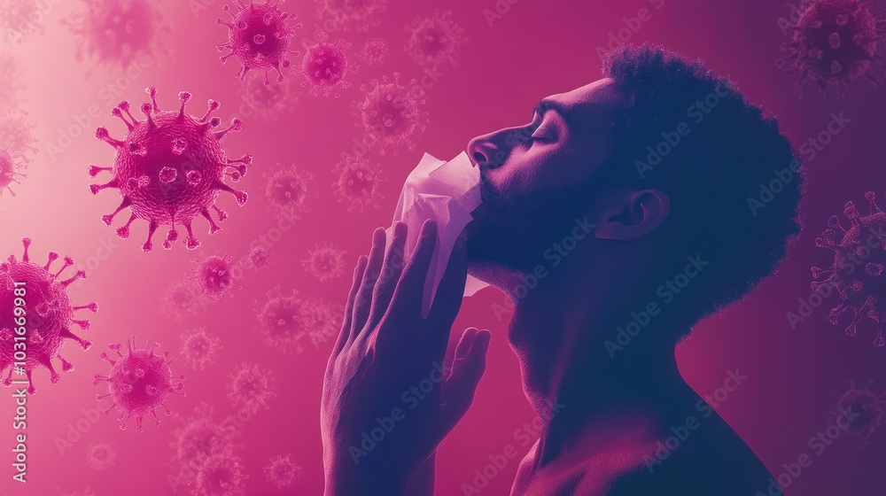 A man in a contemplative pose surrounded by virus imagery, symbolizing health concerns. A man in a contemplative pose surrounded by virus imagery, symbolizing health concerns.