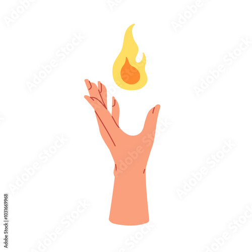 Hand holding, catching fire, burning flame. Light, energy and power symbol. Fingers and mystery, magic heat, esoteric spiritual warmth. Concept flat vector illustration isolated on white background