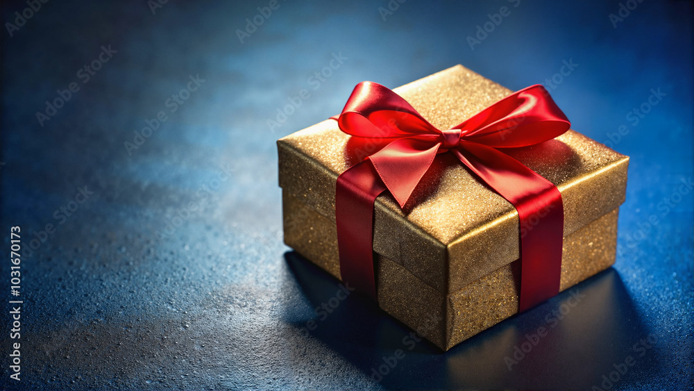Gold Gift Box with Red Bow on Blue Background Gold Gift Box with Red Bow on Blue Background