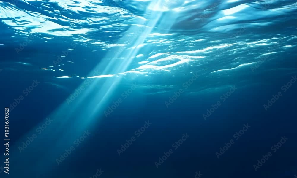 Underwater scene with sun rays shining through the surface of the ocean.