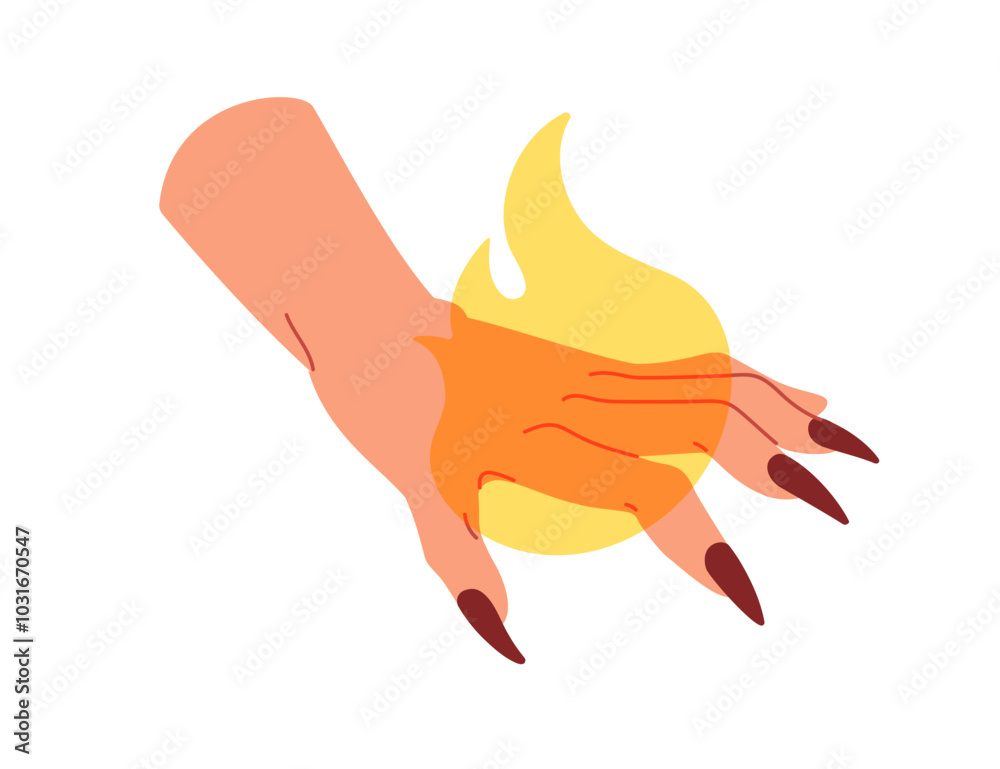 Fototapeta premium Witch hand with long nails, finger claws, controlling burning flame, taming fire. Black magic and mystical energy concept. Sorcery, witchcraft. Flat vector illustration isolated on white background