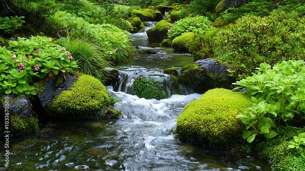 Tranquil Creek Flowing Through Lush Green Forest Tranquil Creek Flowing Through Lush Green Forest