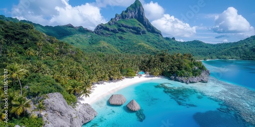 Tropical Island Paradise Bora Bora Beach Lagoon and Mountain Aerial View