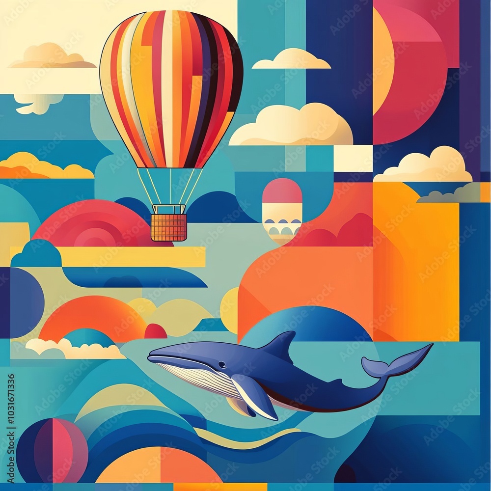 Naklejka premium Colorful illustration of balloon, whale, clouds