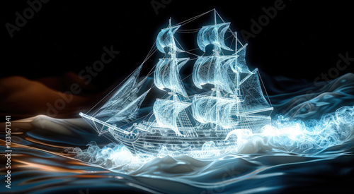 Fototapeta Naklejka Na Ścianę i Meble -  A subsurface laser engraving of a ship sailing through a glassy wave, with fine details of the ship rigging and sails illuminated from within. The dark, black background.