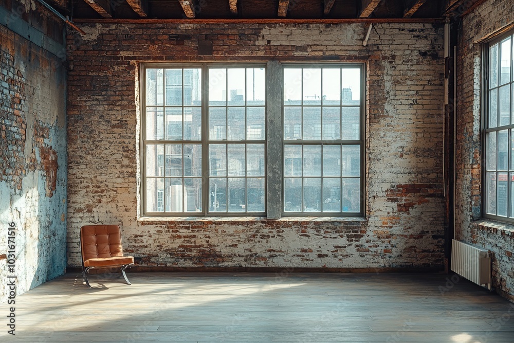 Spacious Loft Interior with Brick Walls and Large Windows Spacious Loft Interior with Brick Walls and Large Windows