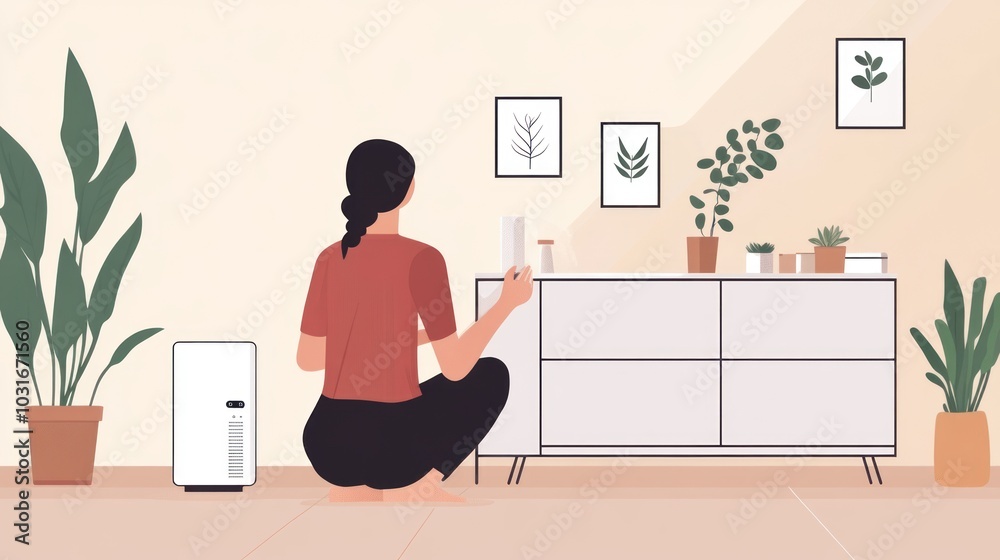 Fototapeta premium A person sits cross-legged, arranging plants and decor in a serene indoor space.