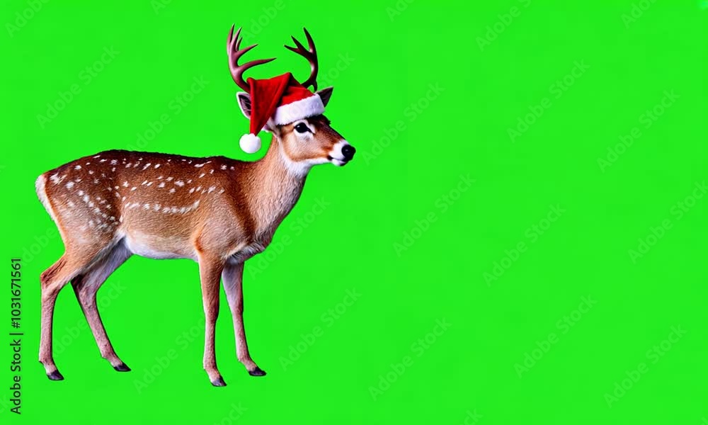Full body Christmas deer wearing red Santa Claus hat on green screen ...